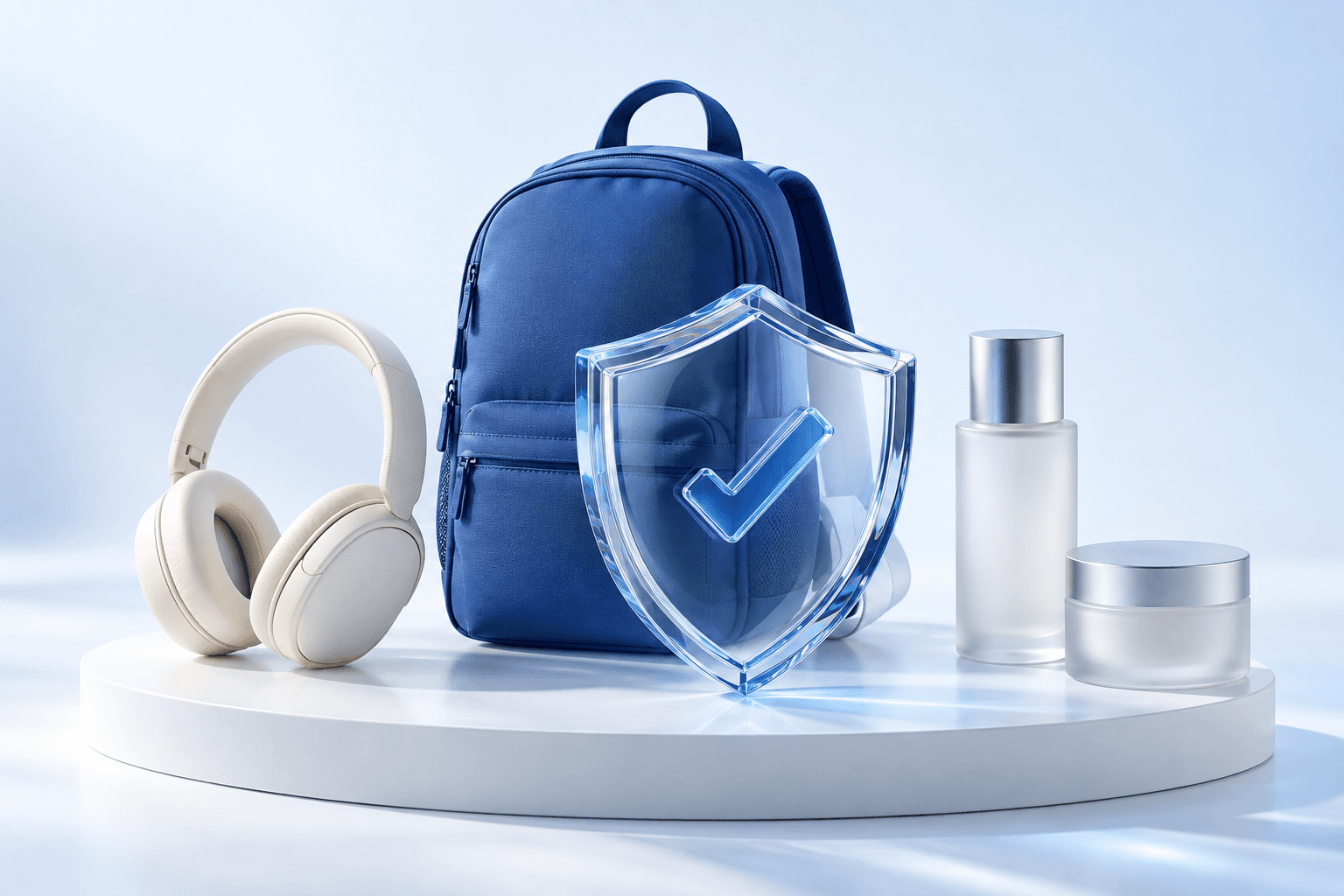 Original ecommerce products protected by a clear glass shield: blue backpack, ivory headphones, and skincare.